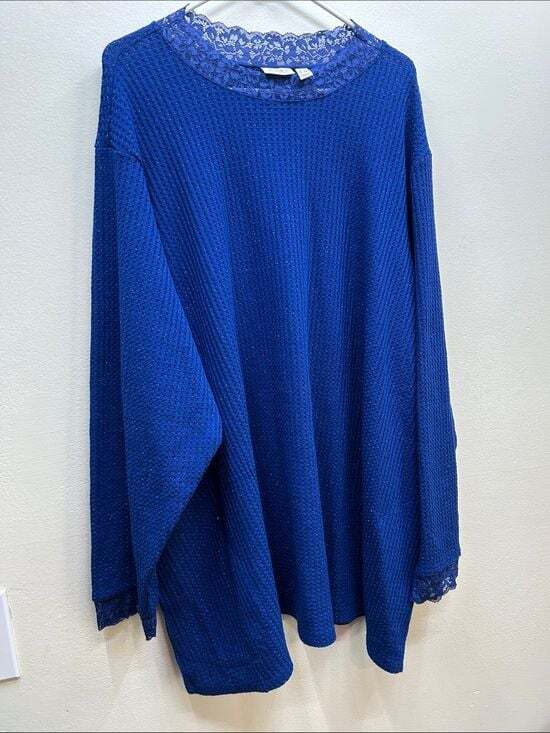 LOGO by Lori Goldstein Sweaters - LOGO by Lori Goldstein Lace-Trim Waffle Crewneck Sweater in Sparkly Royal Blue